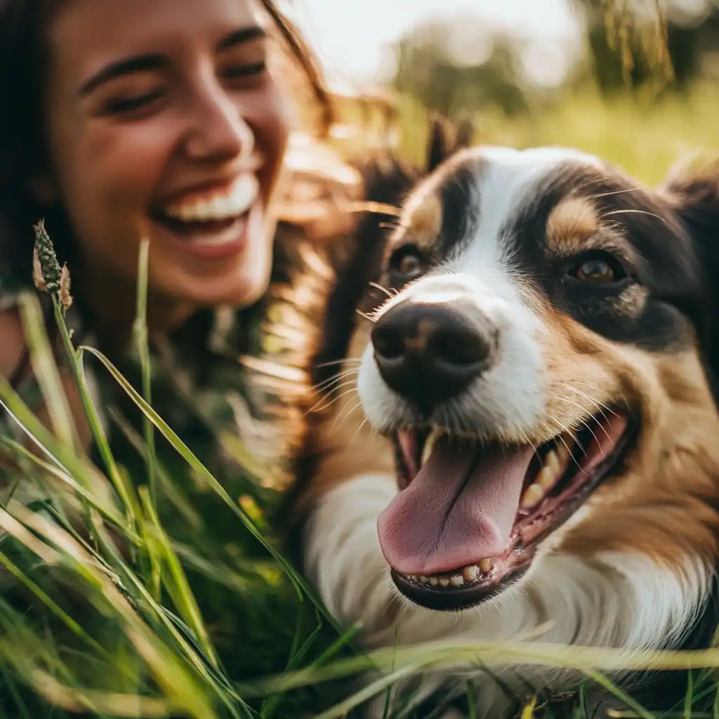 šťastný život se psem, žena usmívající se v trávě