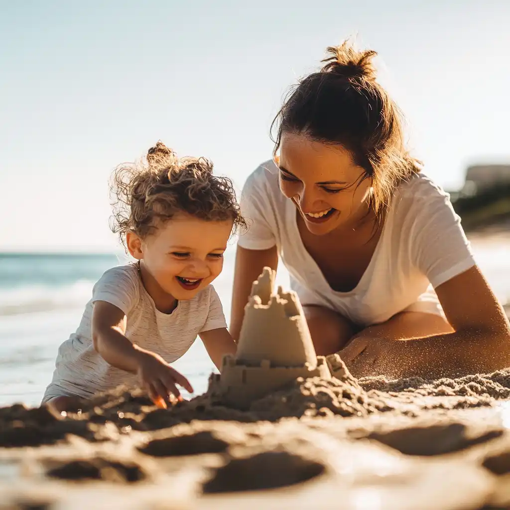 žena se synem na pláži přítomný okamžik